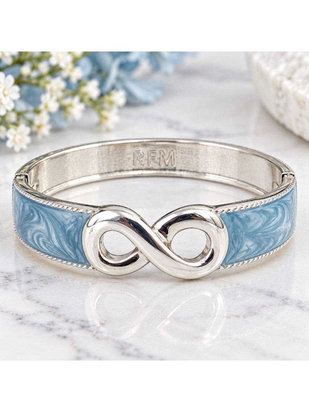 Roberto by RFM Blue Enamel Infinity Bracelet Silver Tone Hinged Bangle